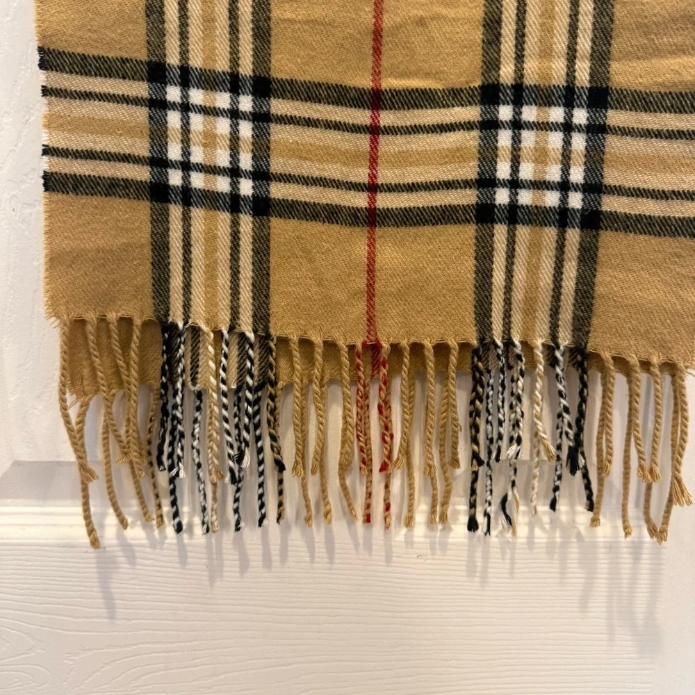 Nova Check Scarf 100% Cashmere Fringe Plaid Scotland Tan Black Red 66x12 Preppy